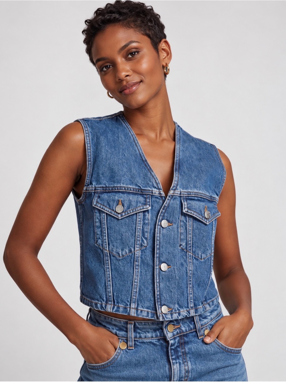 Filippa K Mid-Wash Denim Button-Front Vest Classic Blue w Distinct Seam Detail S